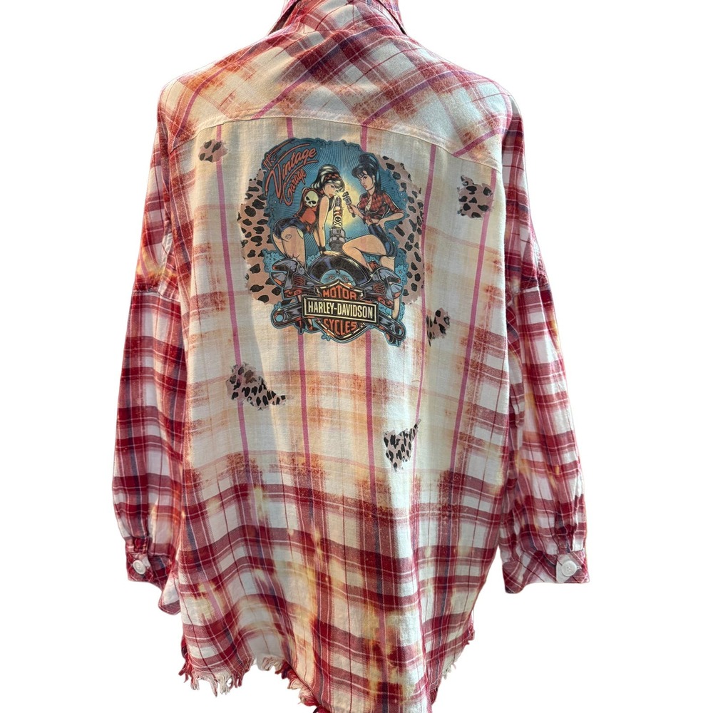 UPCYCLED Women's Button Down Shirt, Harley Davidson Graphic, Sz S